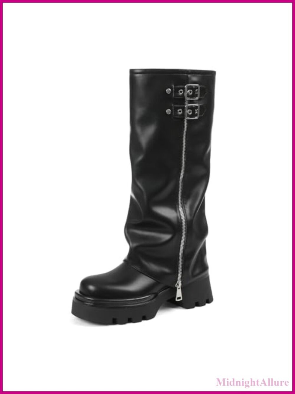 Faux Leather Knee High Platform Boots Fold Over Combat Riding Boots